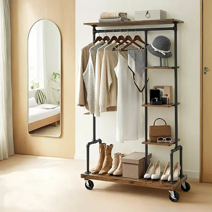 Kleiderwagen - L x B x H: 40 x 103,5 x 174 cm, Braun/Schwarz - Kleiderständer mit viel Stauraum. Der Kleiderständer verfügt über eine Kleiderstange, Ablagen und Rollen für einfachen Transport.