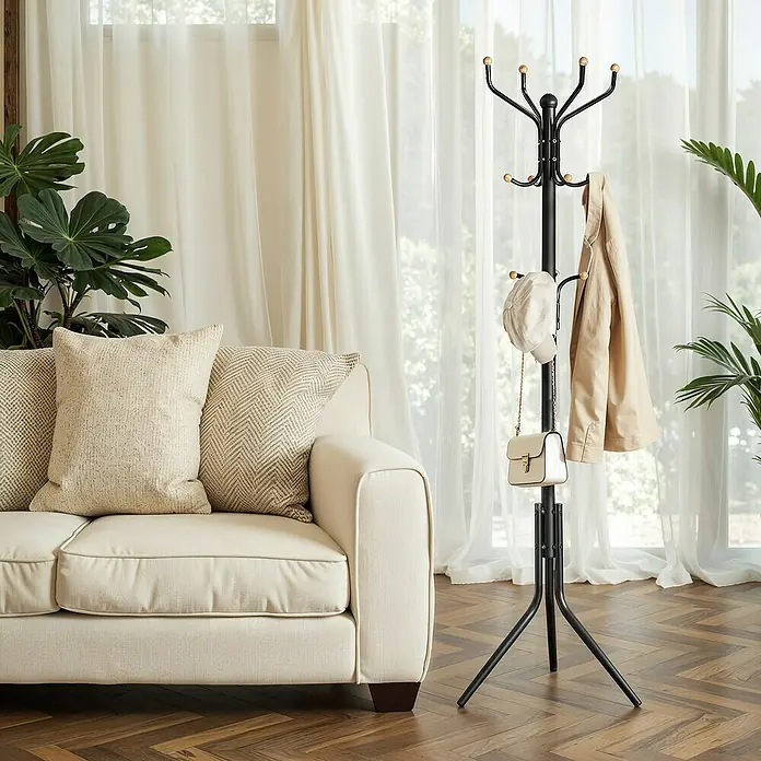 Garderobenständer - B x H: 44 x 182 cm, Anzahl Haken: 12 Stk., Schwarz - Elegante Garderobenständer im Wohnzimmer. Praktisch für Jacken, Hüte und Handtaschen. Das perfekte Möbelstück für den Flur.