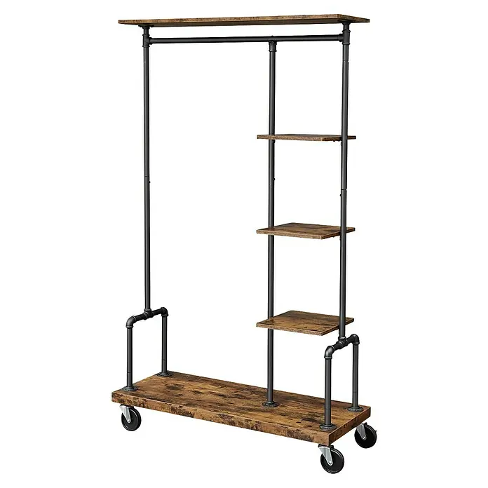 Kleiderwagen - L x B x H: 40 x 103,5 x 174 cm, Braun/Schwarz - Garderobenständer im Industriedesign mit Kleiderstange, Ablagen und Rollen für zusätzlichen Stauraum und einfache Mobilität.