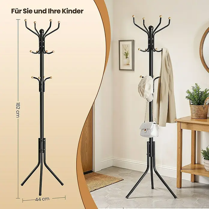 Garderobenständer - B x H: 44 x 182 cm, Anzahl Haken: 12 Stk., Schwarz - Garderobenständer aus Metall mit mehreren Haken und stabilen Standbeinen für Jacken, Hüte und Accessoires. Für Sie und Ihre Kinder.