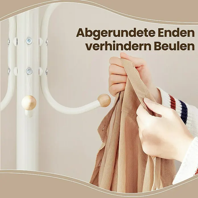 Garderobenständer - B x H: 44 x 182 cm, Anzahl Haken: 12 Stk., Weiß - Bild eines Garderobenständers mit abgerundeten Enden, die Beulen an der Kleidung verhindern, während eine Hand ein beigefarbenes Kleidungsstück hält.
