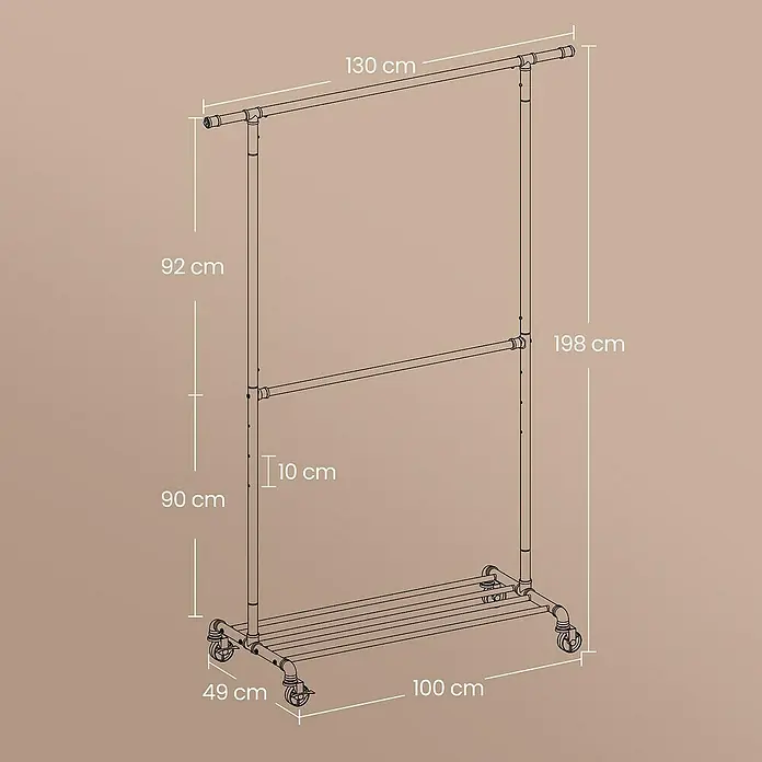 Kleiderwagen - L x B x H: 49 x 130 x 198 cm, Schwarz - Eine perspektivische Zeichnung eines zweistöckigen Kleiderständers auf Rädern mit Maßangaben in Zentimetern.