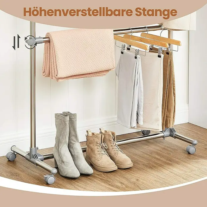 Kleiderwagen - Länge: 49 cm, Höhenverstellung: 115 cm - 180 cm, Grau - Höhenverstellbare Kleiderstange mit Kleidungsstücken und Schuhen, ideal für die Organisation.