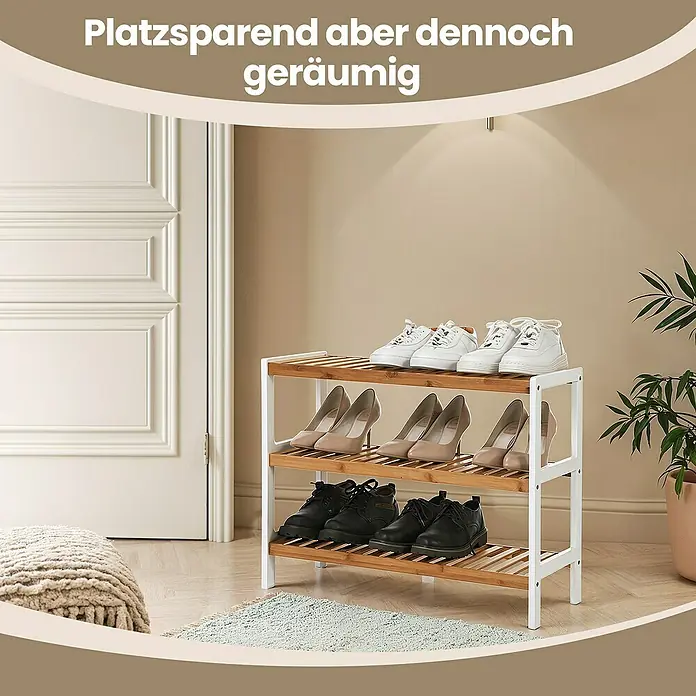 Schuhregal - L x B x H: 26 x 70 x 55,2 cm, Weiß/Braun - Schuhregal aus Holz mit drei Ebenen. Bietet Platz für Schuhe und ist platzsparend.