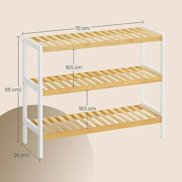 Schuhregal - L x B x H: 26 x 70 x 55,2 cm, Weiß/Braun - Ein dreistufiges Schuhregal aus Bambus und weißem Rahmen, ideal für die Aufbewahrung Ihrer Schuhe und zur Organisation Ihres Eingangsbereichs.