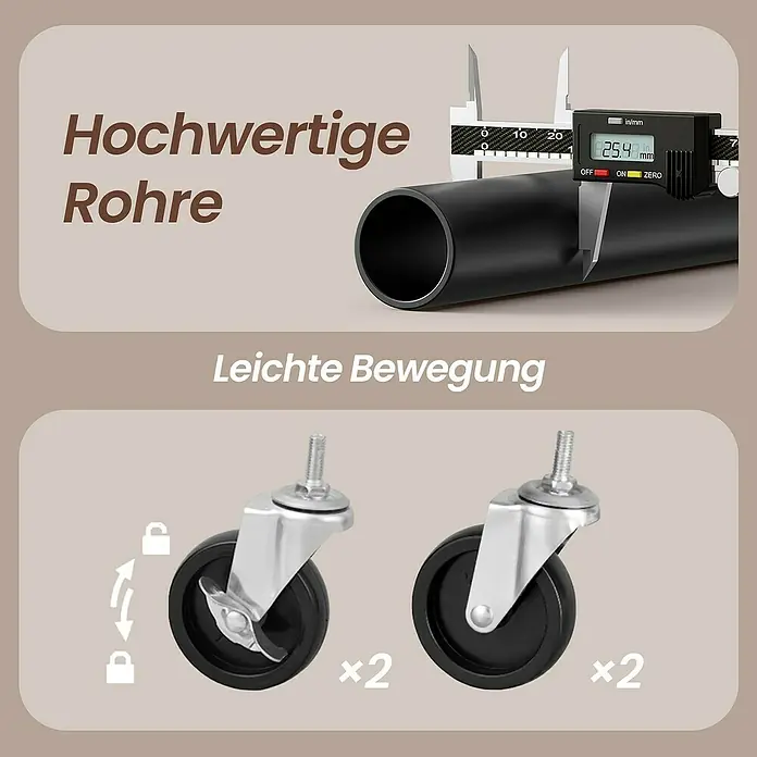 Kleiderwagen - L x B x H: 59 x 100 x 162 cm, Schwarz - Produktbild: Hochwertige Rohre werden mit einer digitalen Schieblehre gemessen. Darunter befinden sich zwei Rollen mit Bremse.