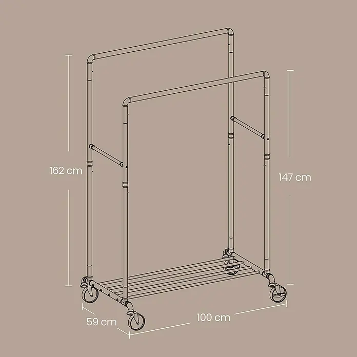 Kleiderwagen - L x B x H: 59 x 100 x 162 cm, Schwarz - Abbildung eines Doppel-Kleiderständers mit Maßen, ideal zum Aufbewahren und Präsentieren von Kleidung auf zwei Ebenen.