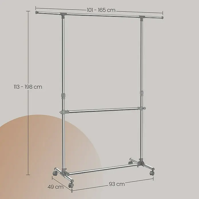 Kleiderwagen - Länge: 49 cm, Höhenverstellung: 115 cm - 180 cm, Grau - Abbildung eines verstellbaren Kleiderständers aus Metall mit Abmessungsangaben. Ideal zur Kleideraufbewahrung.