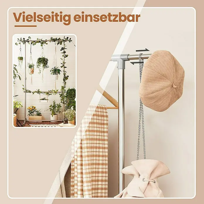 Kleiderwagen - Länge: 49 cm, Höhenverstellung: 115 cm - 180 cm, Grau - Vielseitig einsetzbarer Kleiderständer mit Hängevorrichtung für Pflanzen, ausgestattet mit einem Haken für Accessoires und einer Ablage für Textilien.