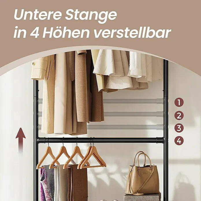 Kleiderwagen - L x B x H: 49 x 130 x 198 cm, Schwarz - Kleiderständer mit verstellbarer unterer Stange in 4 Höhen für flexible Aufbewahrung von Kleidung und Accessoires.
