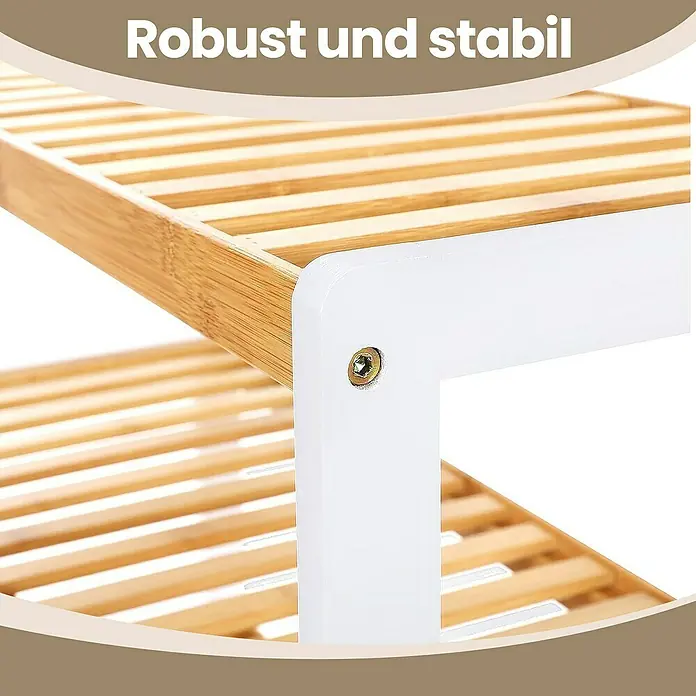 Schuhregal - L x B x H: 26 x 70 x 55,2 cm, Weiß/Braun - Detailaufnahme eines robusten und stabilen Schuhregals aus Holz und weißem Rahmen.