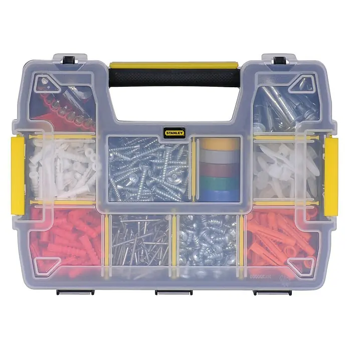 Stanley Kleinteilekoffer Sortmaster Mini - L x B x H: 210 x 290 x 63 mm, Anzahl Fächer: 10 Stk. - Stanley Sortmaster Werkzeugkoffer mit diversen Schrauben, Dübeln und Nägeln für Heimwerker und Profis zur Aufbewahrung.