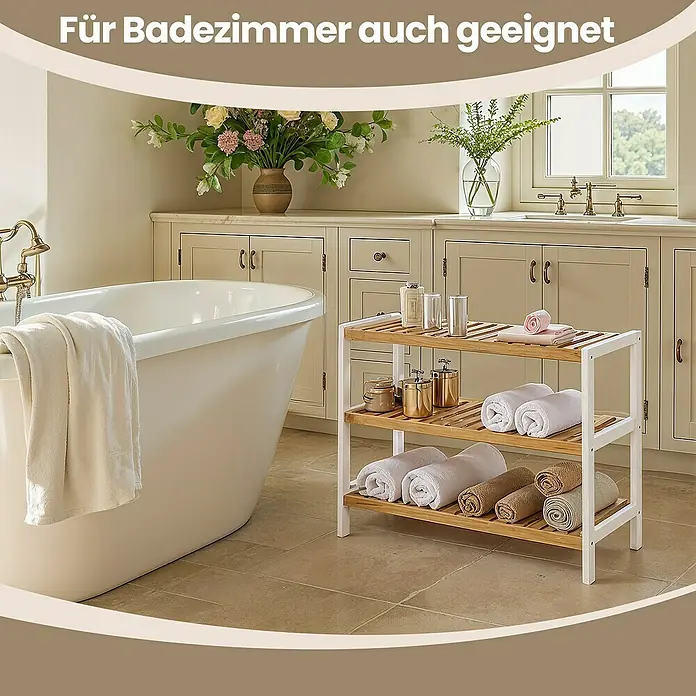 Schuhregal - L x B x H: 26 x 70 x 55,2 cm, Weiß/Braun - Regal mit drei Ablagen aus Bambus und Handtüchern im Badezimmer, geeignet zur Aufbewahrung und Organisation von Badutensilien.
