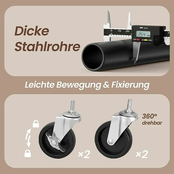Kleiderwagen - L x B x H: 49 x 130 x 198 cm, Schwarz - Produktdarstellung mit dicken Stahlrohren und leichtgängigen, fixierbaren Rollen für vielseitige Anwendungen.