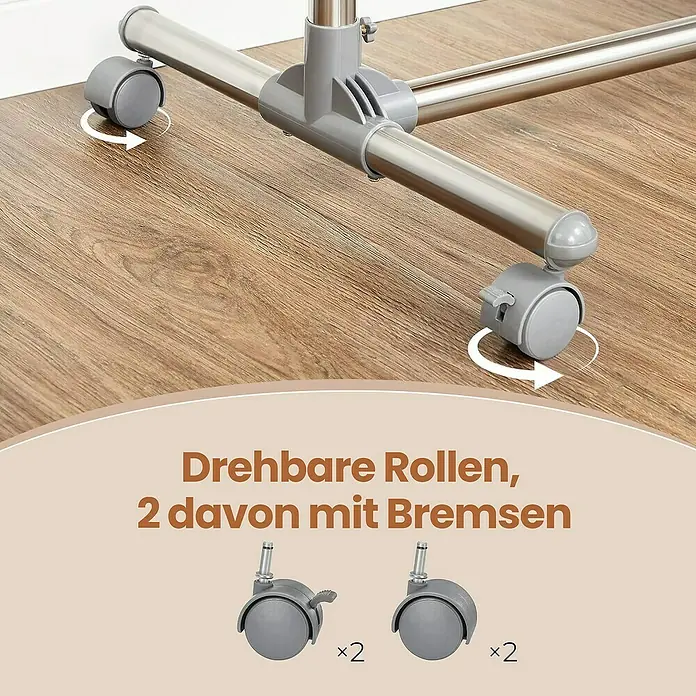 Kleiderwagen - Länge: 49 cm, Höhenverstellung: 115 cm - 180 cm, Grau - Nahaufnahme von Rollen an einer Kleiderstange. Zwei der Rollen haben Bremsen.