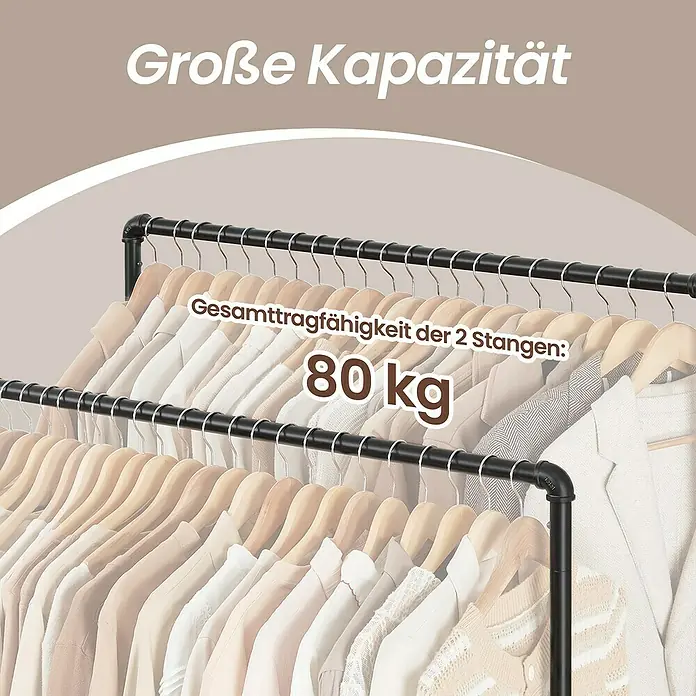 Kleiderwagen - L x B x H: 59 x 100 x 162 cm, Schwarz - Bild eines Kleiderständers mit zwei Stangen, der bis zu 80 kg Kleidung tragen kann.