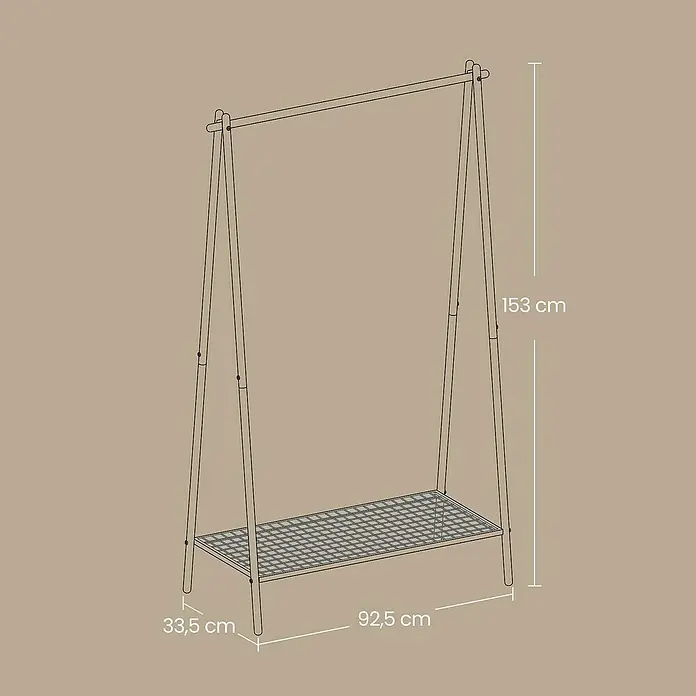 Garderobenständer - L x B x H: 33,5 x 92,5 x 153 cm, Schwarz - Skizze einer Kleiderstange mit unterem Gitterboden und Maßangaben. Ideal für die stilvolle Aufbewahrung von Kleidung.