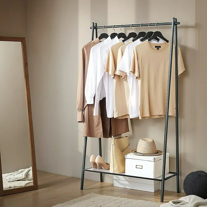 Garderobenständer - L x B x H: 33,5 x 92,5 x 153 cm, Schwarz - Kleiderständer mit verschiedenen Kleidungsstücken, Schuhen und Accessoires, der eine stilvolle Aufbewahrungslösung bietet.