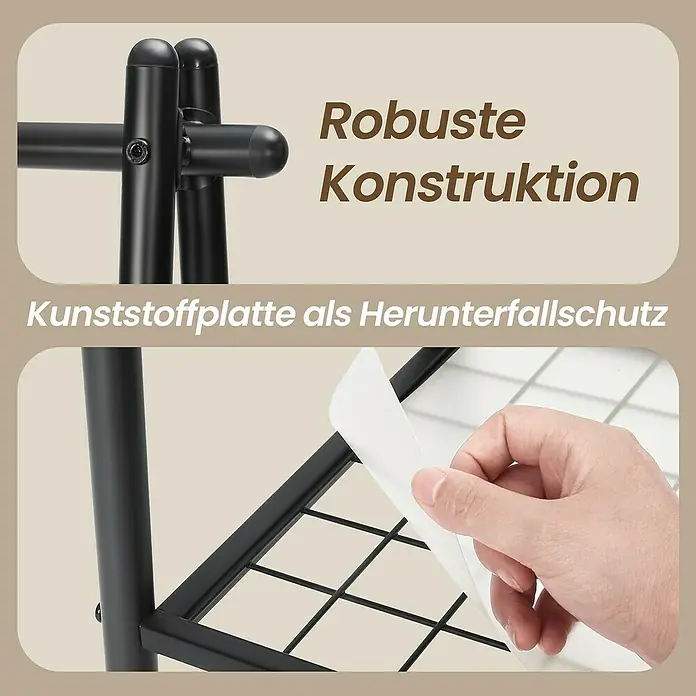 Garderobenständer - L x B x H: 33,5 x 92,5 x 153 cm, Schwarz - Detailaufnahme eines schwarzen Pflanzenständers mit robuster Konstruktion und einer Kunststoffplatte als Herunterfallschutz.