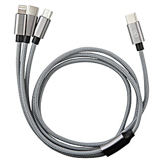 BAUHAUS Napajalni kabel USB 3 v 1 (Siva, Dolžina: 3 m, USB C vtič, USB mikro vtič, strelovodni vtič)