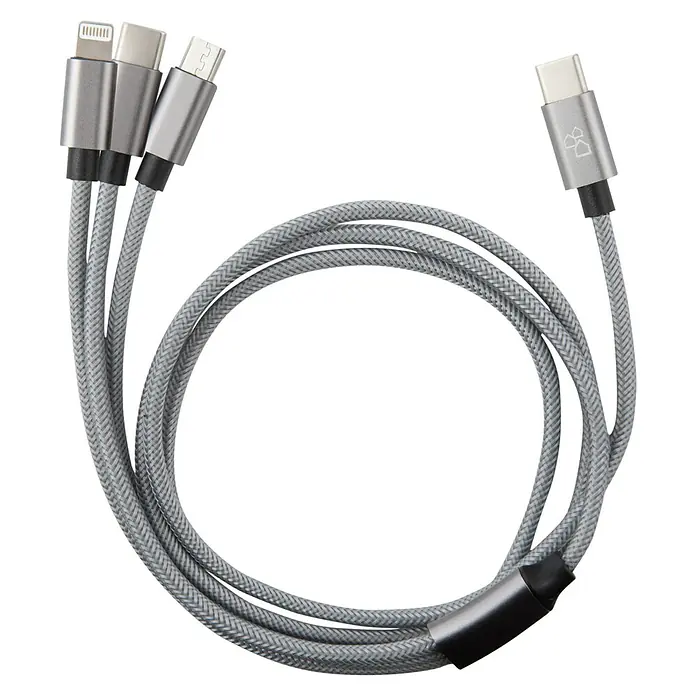 BAUHAUS USB-Ladekabel 3in1 - Grau, Länge: 3 m, USB C-Stecker, USB Micro-Stecker, Lightning-Stecker - Graues, geflochtenes 3-in-1-Ladekabel mit USB-C-, Micro-USB- und Lightning-Anschlüssen, ideal für verschiedene Geräte.