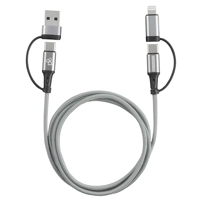 BAUHAUS USB-Ladekabel 2+2 Multifunktions-Kabel USB-A/USB-C USB-C/Lightning - Silber, Länge: 1 m - Das Bild zeigt ein vielseitiges, geflochtenes 3-in-1-Ladekabel mit USB, USB-C und Lightning-Anschlüssen für verschiedene Geräte.
