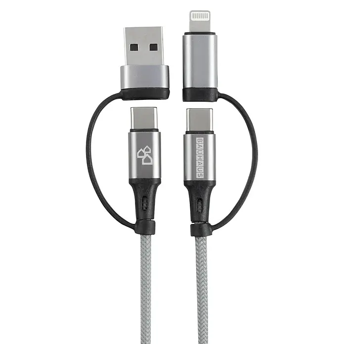 BAUHAUS USB-Ladekabel 2+2 Multifunktions-Kabel USB-A/USB-C USB-C/Lightning - Silber, Länge: 1 m - Mehrfach-Ladekabel mit USB, USB-C und Lightning-Anschlüssen für vielseitige Gerätekompatibilität und bequemes Aufladen.