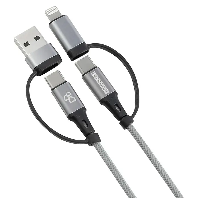 BAUHAUS USB-Ladekabel 2+2 Multifunktions-Kabel USB-A/USB-C USB-C/Lightning - Silber, Länge: 1 m - Abbildung eines silberfarbenen 3-in-1-Ladekabels mit USB-, USB-C- und Lightning-Anschlüssen.