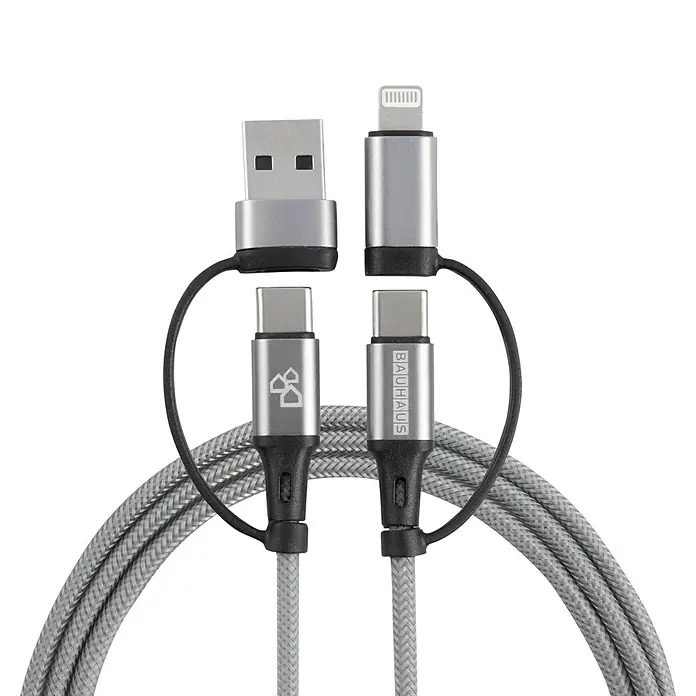 BAUHAUS USB-Ladekabel 2+2 Multifunktions-Kabel USB-A/USB-C USB-C/Lightning - Silber, Länge: 1 m - Silbernes USB-Kabel mit mehreren Anschlüssen, darunter USB-A, Lightning und USB-C, auf schwarzem Hintergrund.
