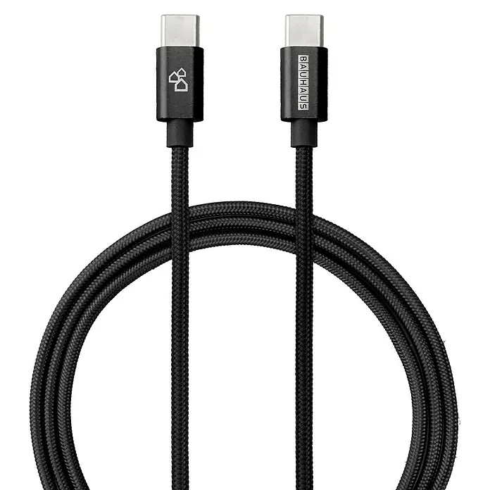 BAUHAUS USB-Ladekabel - Schwarz, 1 m, C-Stecker auf C-Stecker - Schwarzes Bauhaus-Kabel mit geflochtener Textur und silberfarbenen Anschlüssen. Ideal zum Laden und Übertragen von Daten.