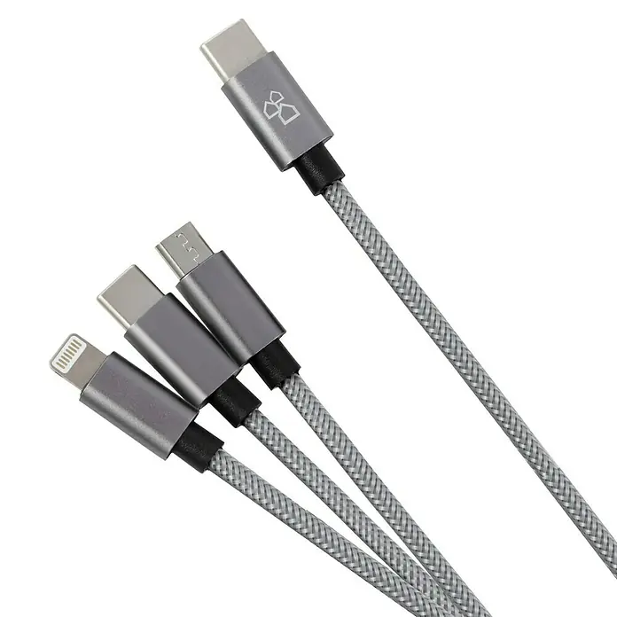 BAUHAUS USB-Ladekabel - Silber, 1 m, USB C-Stecker, USB Micro-Stecker, Lightning-Stecker - Ein Bild von drei verschiedenen Gerätesteckern mit grau geflochtenen Kabeln: USB-C, Micro-USB und Lightning-Stecker.
