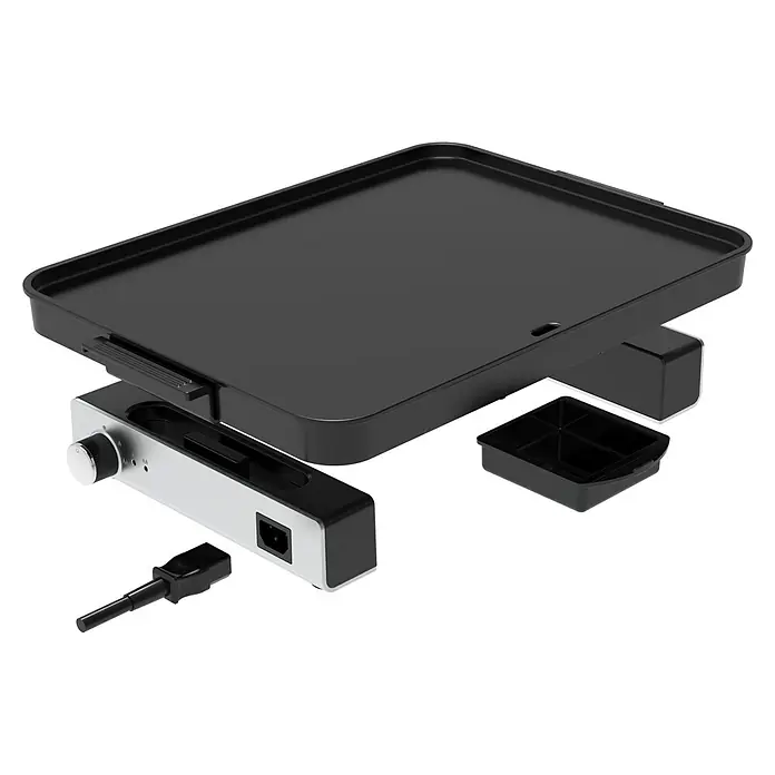 Plancha-Grill Elektro - Grillfläche (B x T): 40 x 30 cm, 1,8 kW, Schwarz/Grau - Nahaufnahme eines Elektrogrills mit abnehmbarer Grillplatte, Bedienelementen und Fettauffangschale für einfache Reinigung.