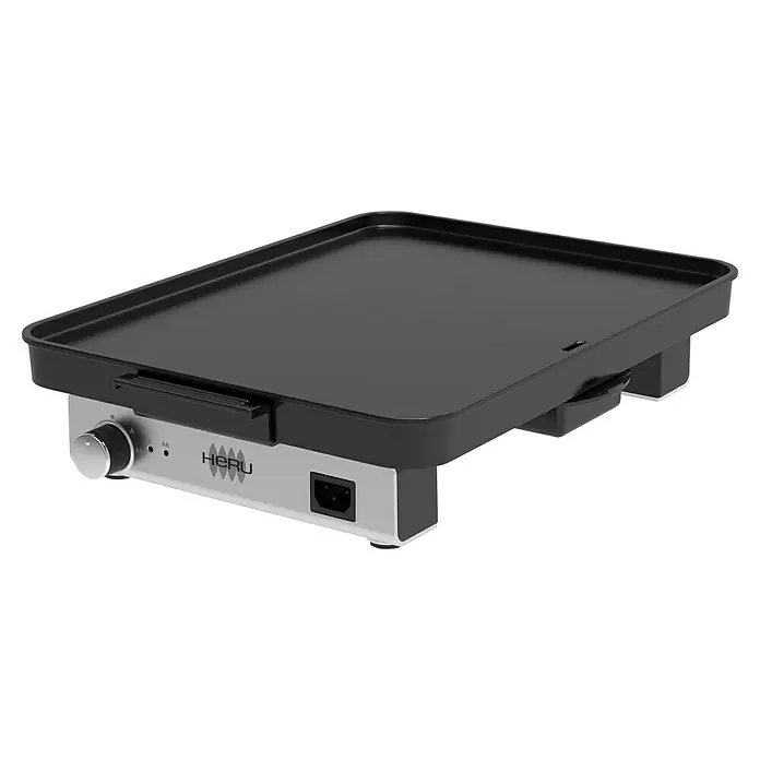 Plancha-Grill Elektro - Grillfläche (B x T): 40 x 30 cm, 1,8 kW, Schwarz/Grau - Hier ist ein elektrischer HERU-Grill mit einer schwarzen Grillfläche und einem silbernen Sockel, der sich ideal zum Kochen von Speisen eignet.