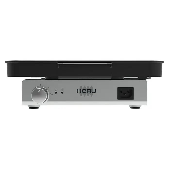 Plancha-Grill Elektro - Grillfläche (B x T): 40 x 30 cm, 1,8 kW, Schwarz/Grau - Nahaufnahme eines Heru-Geräts mit Regler, Logos und Netzanschluss auf silbernem Hintergrund.
