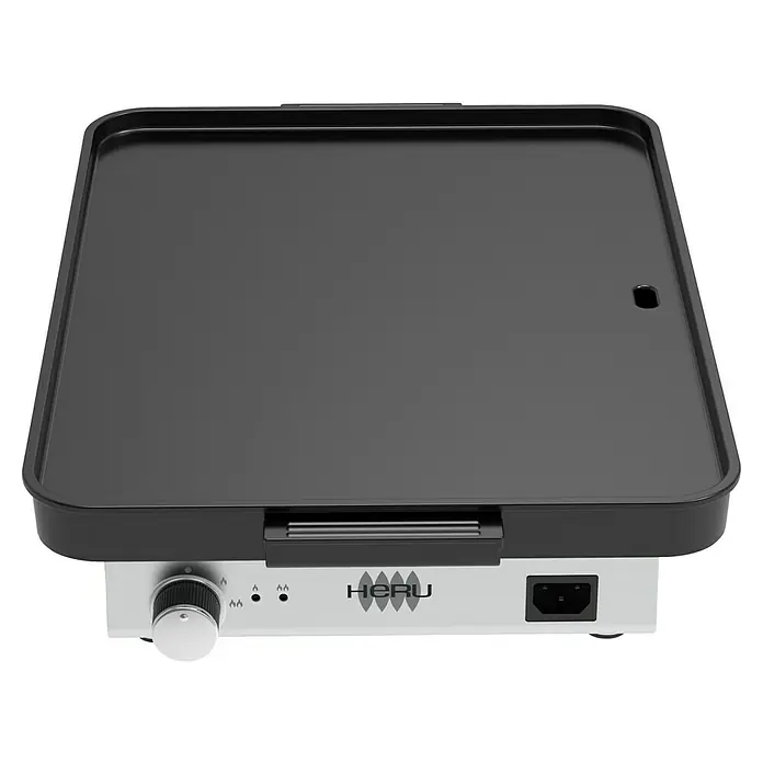 Plancha-Grill Elektro - Grillfläche (B x T): 40 x 30 cm, 1,8 kW, Schwarz/Grau - Hier ist eine Nahaufnahme einer HERU-Grillplatte mit einem Temperaturregler und einem Netzkabelanschluss.