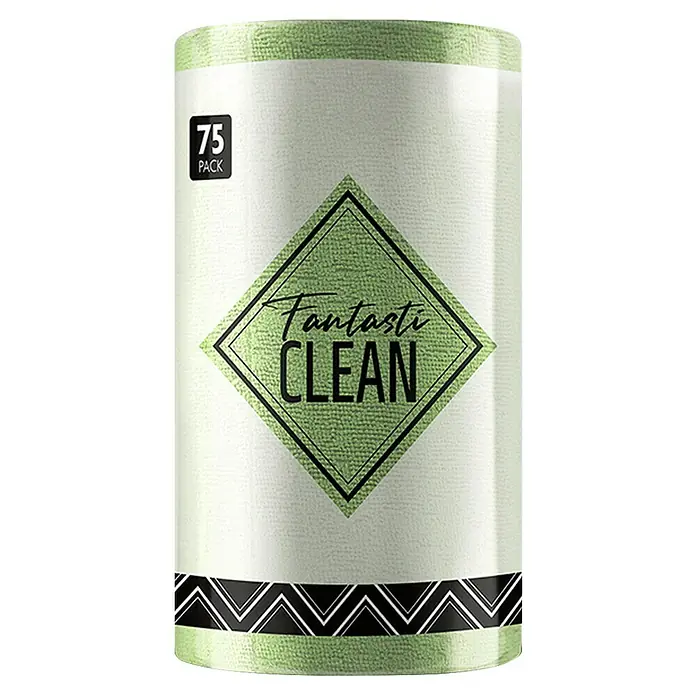Rolmovil Clean Bayeta de microfibra Fantastic Clean - 75 ud., Verde - Imagen de un rollo de paños de limpieza "Fantastic Clean" con 75 unidades, empaquetado en un envoltorio verde y blanco.
