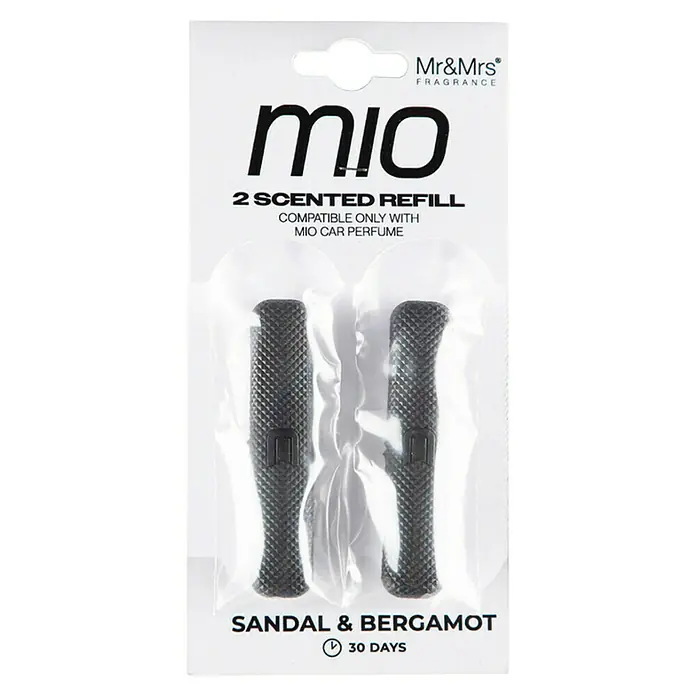 Mr & Mrs Fragrance Ambientador de coche recarga Mio - Sandal Bergamot, 45 días, 2 ud. - Recambio perfumado "Sandal & Bergamot" de Mio para ambientador de coche. El set incluye dos recambios y proporciona hasta 30 días de fragancia.