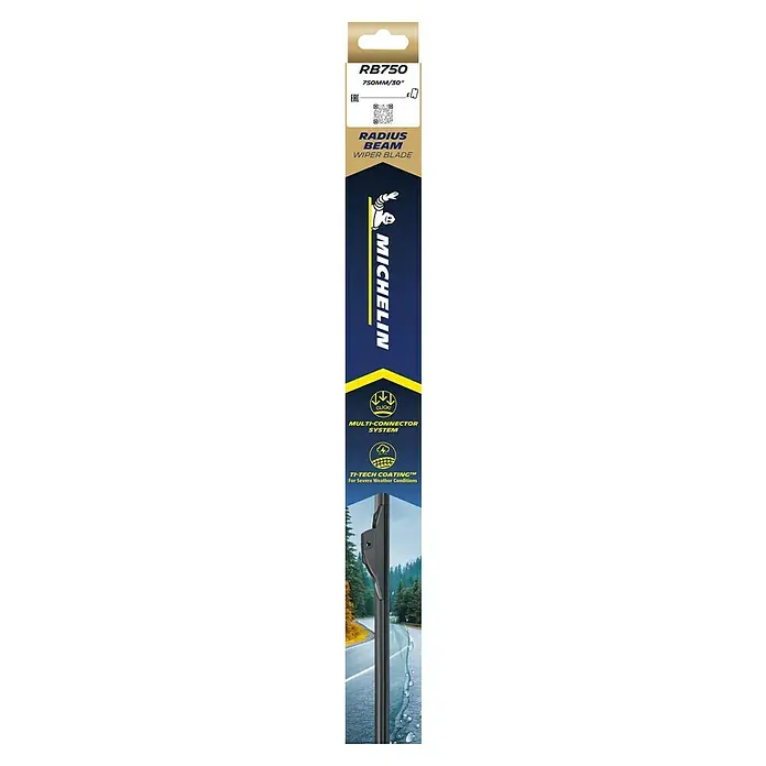 Michelin Goma de escobilla limpiaparabrisas Radius Beam - Largo: 75 cm, Materiales naturales - Imagen del producto de un limpiaparabrisas Michelin Radius Beam RB750, 750MM/30", con sistema multiconector y revestimiento Ti-Tech para condiciones climáticas severas.