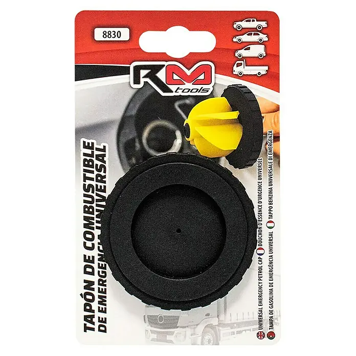 Rolmovil Tapón de reemplazo - Específico para: Depósitos con apertura Ø 30‑50 mm - Imagen de un envase de tapón de combustible de emergencia universal de RM Tools, rojo y negro con ilustraciones de vehículos.
