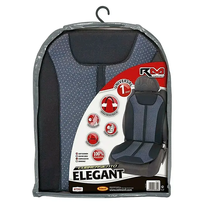 Rolmovil Respaldo acolchado Elegant - Gris/Negro - Embalaje de un elegante protector de asiento de coche Rolmovil llamado "Universal 1 Und" hecho de 100% poliéster.