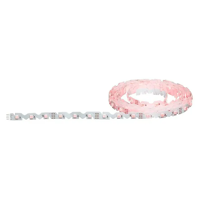 Paulmann Tira LED Set básico FlexLED 3D - Largo: 5 m, Color de luz: RGB, 26 W - Tira de luz LED parcialmente enrollada con LEDs iluminados en rosa, ideal para iluminación ambiental interior.