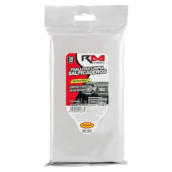 Rolmovil Toallitas limpiacristales antivaho - 20 ud. - Toallitas RM Clean para salpicaderos: 20 toallitas sin silicona para salpicaderos de coche brillantes y sin marcas con aroma a manzana.