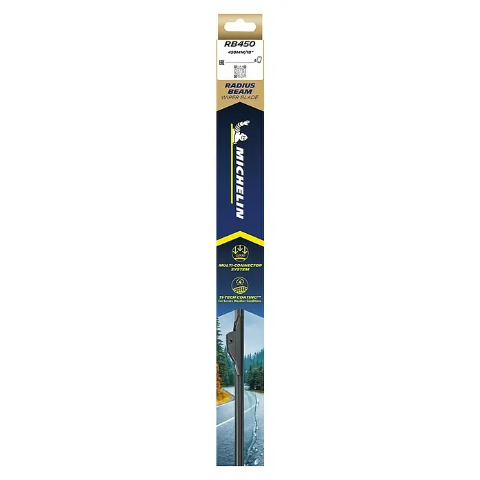 Michelin Goma de escobilla limpiaparabrisas Radius Beam - Largo: 45 cm, Materiales naturales - Limpiaparabrisas MICHELIN Radius Beam RB450 con sistema Multi-Connector y revestimiento Ti-Tech para condiciones climáticas severas.