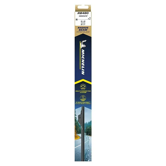 Michelin Goma de escobilla limpiaparabrisas Radius Beam - Largo: 48 cm, Materiales naturales - Imagen de un limpiaparabrisas Michelin Radius Beam RB480, con sistema multiconector y recubrimiento Ti-Tech para condiciones climáticas severas.