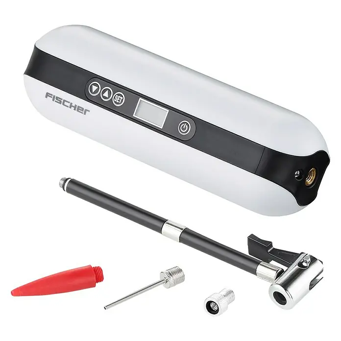 Fischer Akku-Kompressor - Passend für: Sclaverand/Dunlop Ventile, 10,3 bar, LC-Display - Abbildung einer tragbaren Fischer Luftpumpe mit Zubehör auf schwarzem Hintergrund.