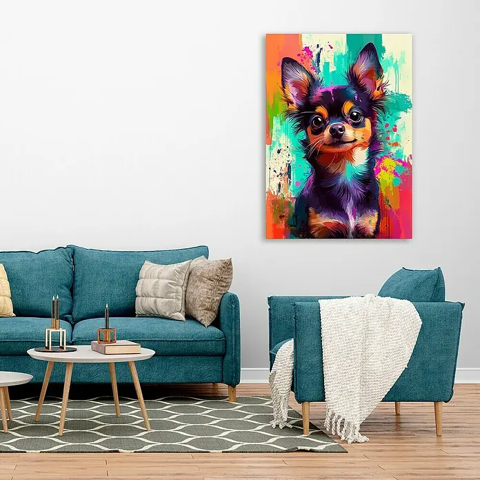 Cuadro Chihuahua - Chihuahua, An x Al: 100 x 140 cm, 1 pzs. - Un vibrante cuadro de Chihuahua cuelga sobre un elegante sofá azul, añadiendo un toque de color a la habitación.