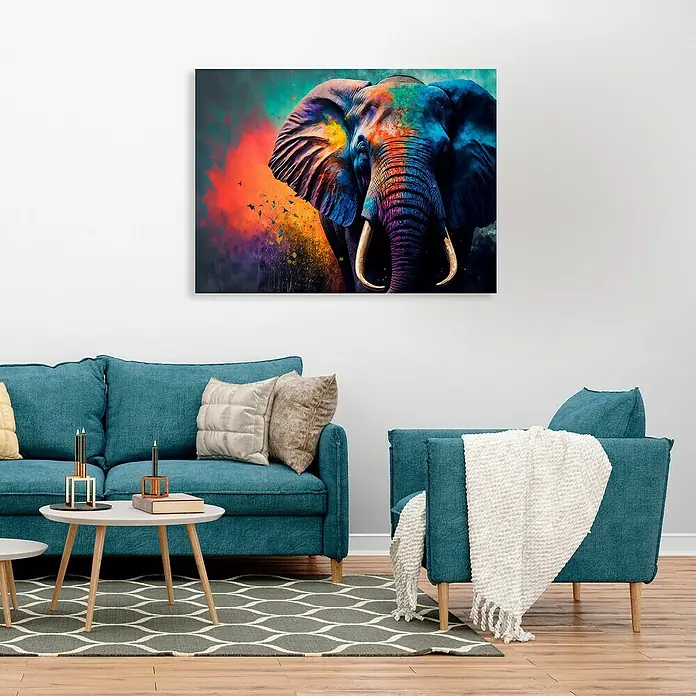 Cuadro Elefante - Elefante, An x Al: 140 x 100 cm, 1 pzs. - Una obra de arte de elefante vibrante exhibida sobre un sofá azul realza esta sala de estar moderna. Decoración de pared única para cualquier espacio.