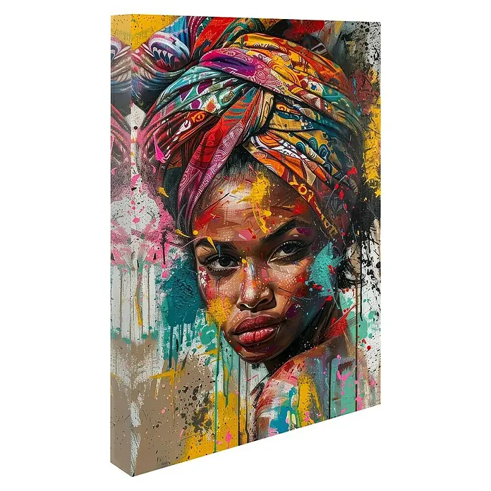 Cuadro Mujer turbante - Mujer turbante, An x Al: 100 x 140 cm, 1 pzs. - Retrato vibrante de una mujer con un turbante colorido, con salpicaduras de pintura para un efecto artístico y dinámico.
