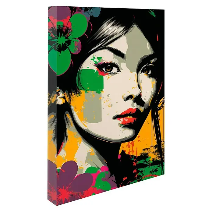 Cuadro Geisha - Geisha, An x Al: 140 x 100 cm, 1 pzs. - Retrato artístico de una mujer con colores vibrantes y elementos florales, ideal para decoración moderna.