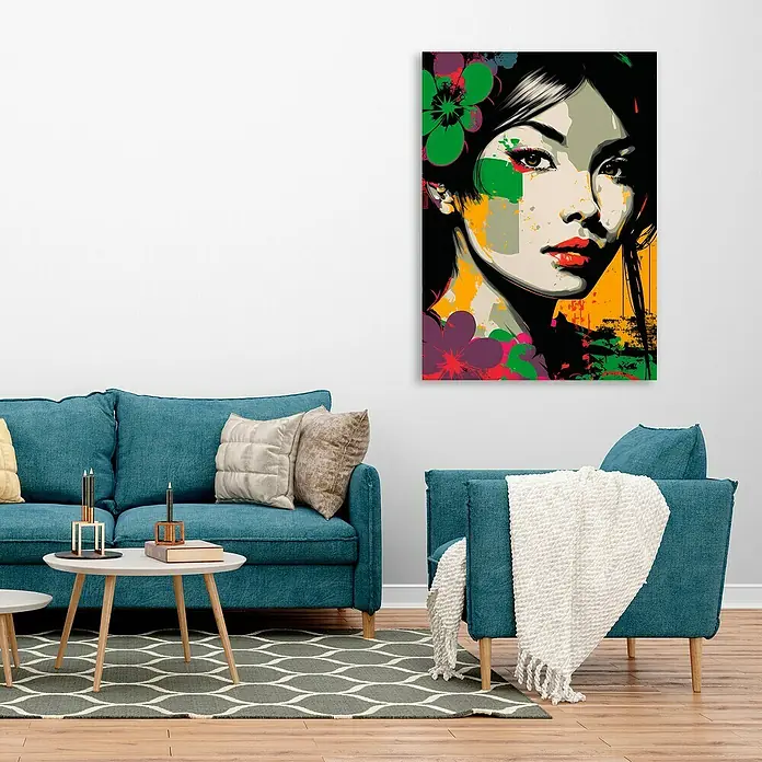 Cuadro Geisha - Geisha, An x Al: 140 x 100 cm, 1 pzs. - Pintura artística de una mujer con acentos florales y de color, colgada sobre un sofá azul y un sillón en la sala de estar.